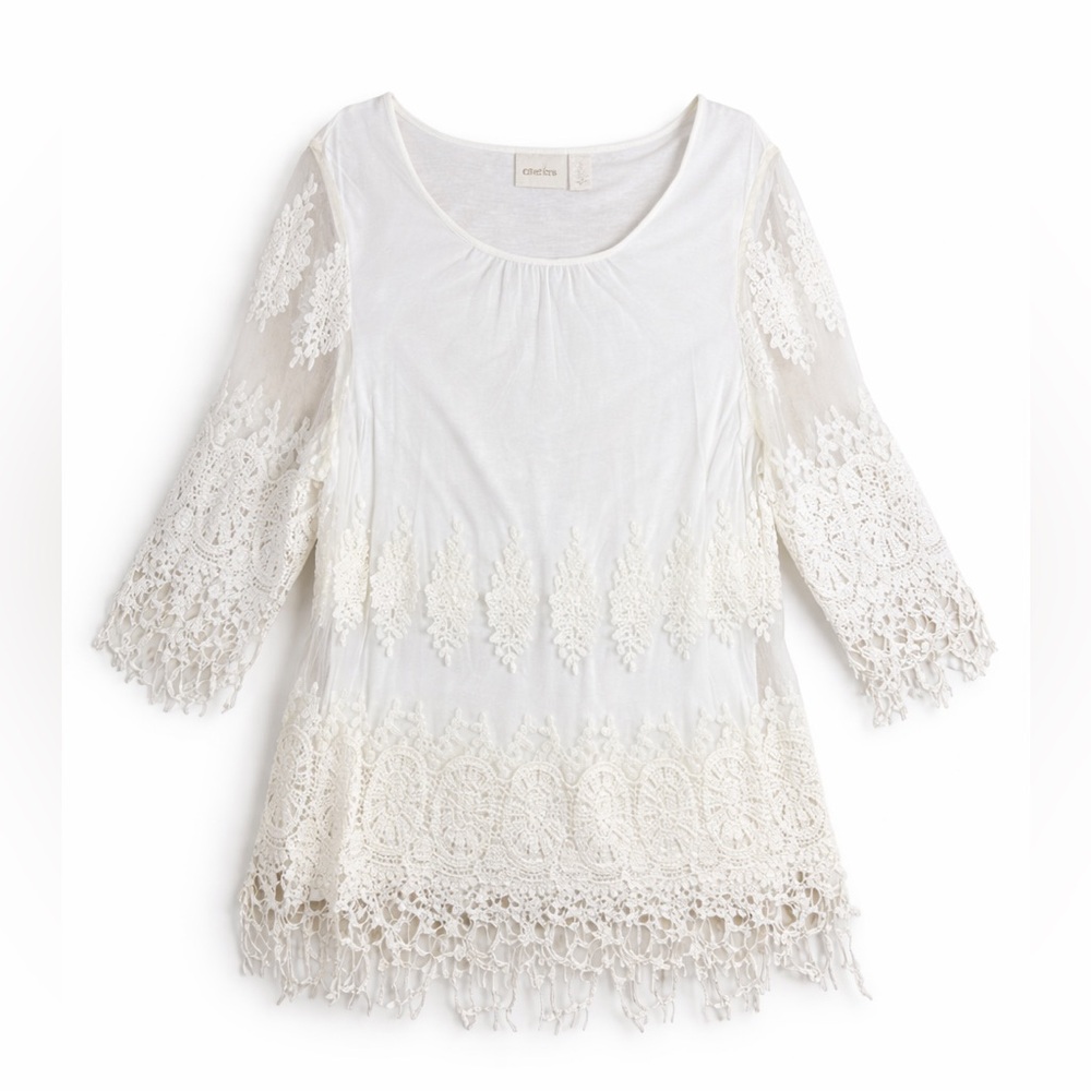 Chico’s Womens Embroidered Mesh Raina 3/4 Sleeve Crochet Lace Top Size 2/L White